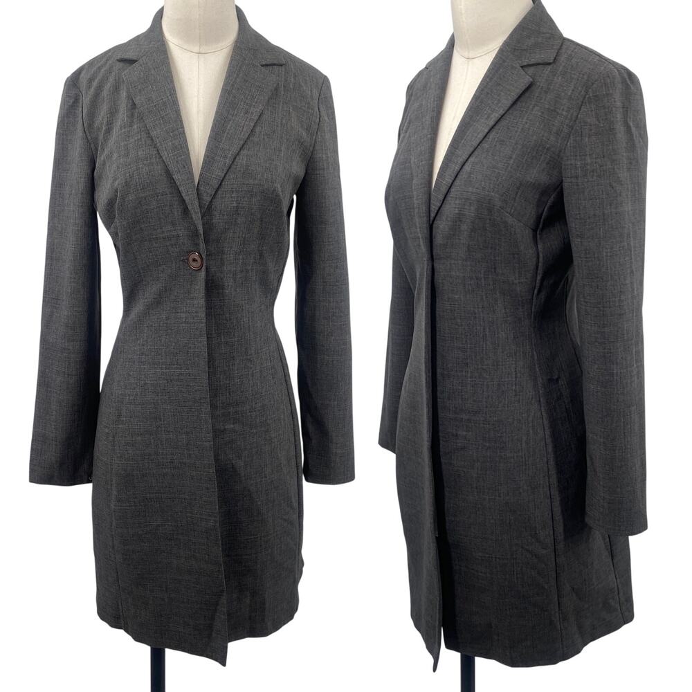 Vintage 90s City Triangles Blazer Jacket Dress Single Button Front Longline Gray